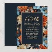 青とオレンジの花の60歳の誕生日 招待状 (正面/裏面)