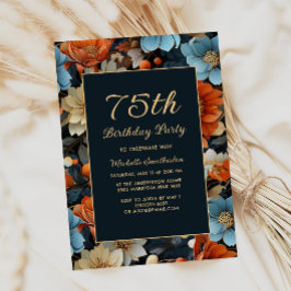 青とオレンジの花の75歳の誕生日 招待状
