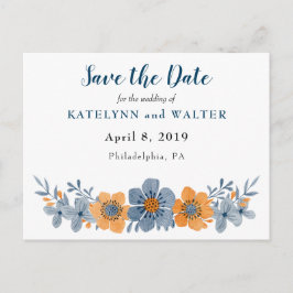 青とオレンジの花のSave the Date ポストカード