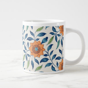 青とオレンジの花柄 ジャンボコーヒーマグカップ