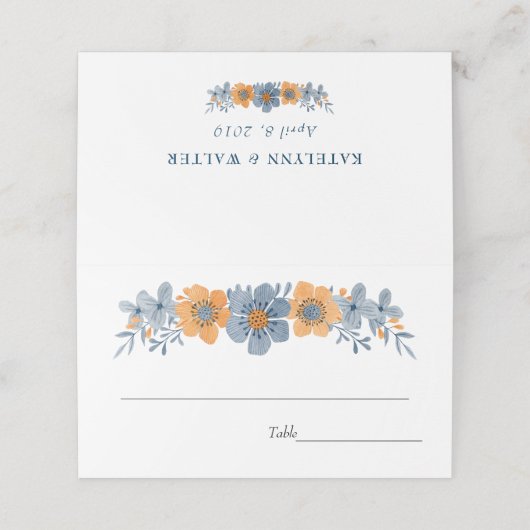 青とオレンジの花結婚のプレイスカード プレイスカード (外部開封)