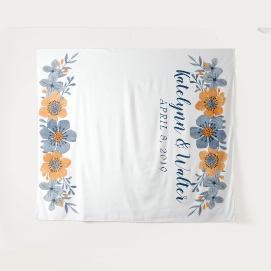 青とオレンジの花結婚の写真ブース背景 タペストリー (正面(横))