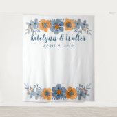 青とオレンジの花結婚の写真ブース背景 タペストリー (正面)