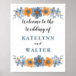 青とオレンジの花結婚の歓迎サイン ポスター