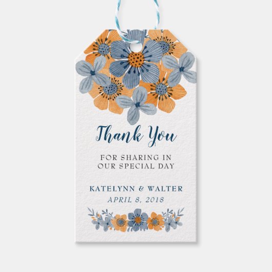 青とオレンジの花結婚式の引き出物ありがとう ギフトタグ (正面)
