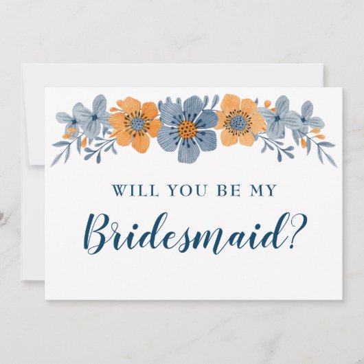 青とオレンジの花、あなたは私のブライズメイドになってくれる? 招待状 (正面)