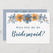 青とオレンジの花、あなたは私のブライズメイドになってくれる? 招待状 (正面/裏面)