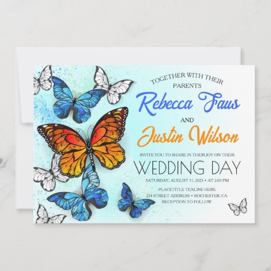 青とオレンジの蝶 モルフォ モナーク 招待状 (正面)