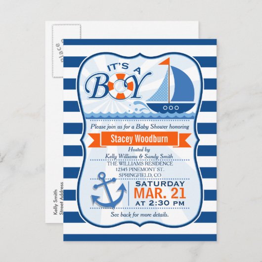 青とオレンジの赤航海のちゃんシャワー インビテーションポストカード (正面/裏面)