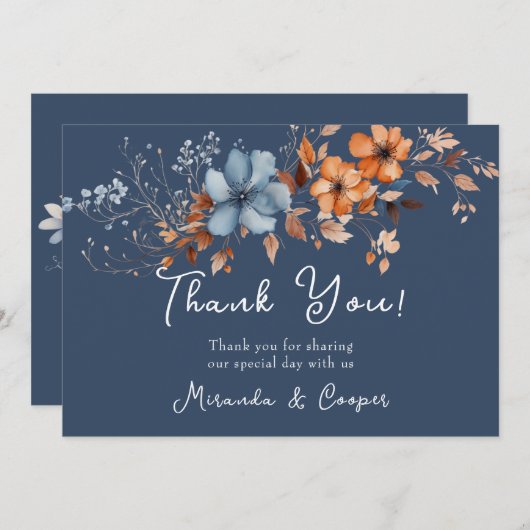 青とオレンジの野生の花サンキューカード 招待状