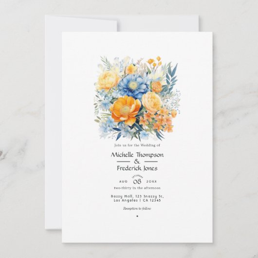 青とオレンジ淡い色ののフローラ春の結婚式 招待状 (正面)