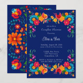 青とカラフルなメキシカンフィエスタ カップルシャワー 招待状 (正面/裏面)