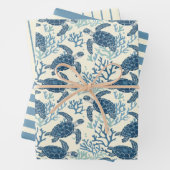 青とクリームのウミガメとストライプ ラッピングペーパーシート (インサイチュ)