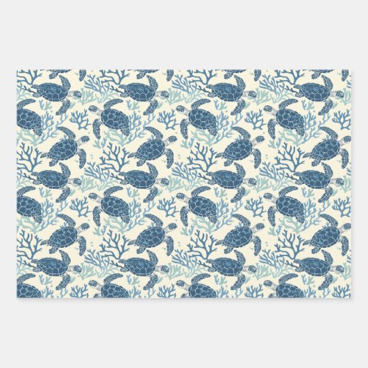 青とクリームのウミガメとストライプ ラッピングペーパーシート (正面)