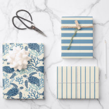 青とクリームのウミガメとストライプ