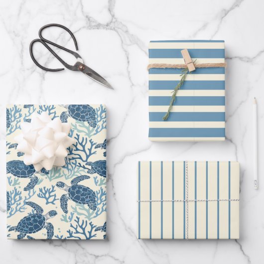 青とクリームのウミガメとストライプ ラッピングペーパーシート (正面)