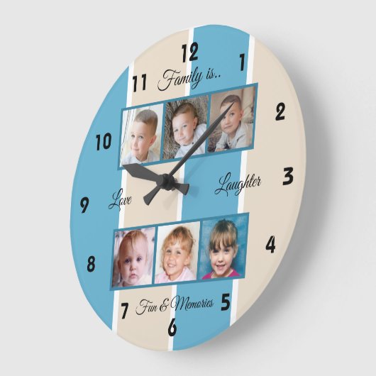 青とクリームの家族の写真 ラージ壁時計 (傾斜)