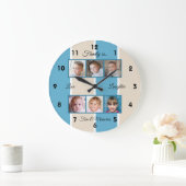 青とクリームの家族の写真 ラージ壁時計 (ホーム)