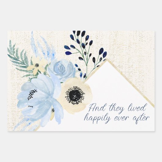 青とクリームの水彩花フレーム ラッピングペーパーシート (正面2)