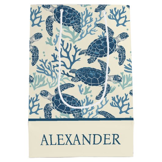 青とクリームの海岸ウミガメ ミディアムペーパーバッグ (裏面)