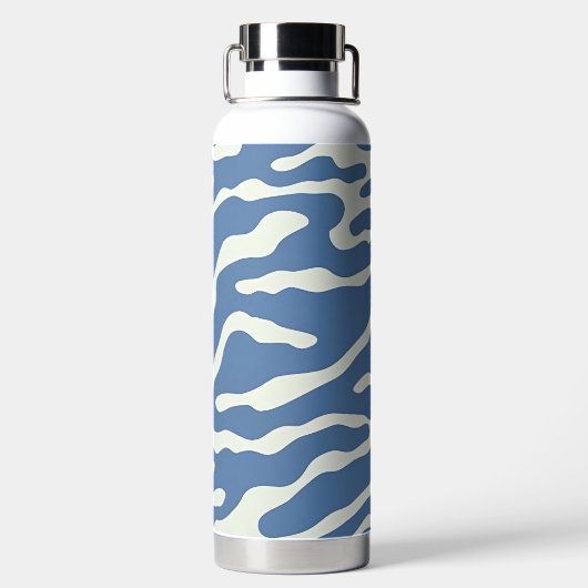 青とクリームモダン抽象芸術の波線パターン ウォーターボトル (背面)