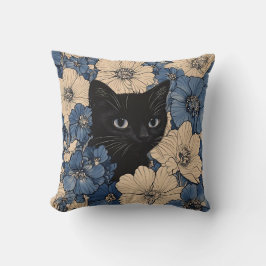 青とクリーム色の花々から顔を出す黒猫 クッション