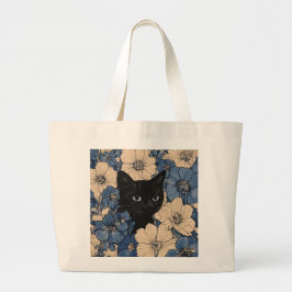 青とクリーム色の花々から顔を出す黒猫 ラージトートバッグ