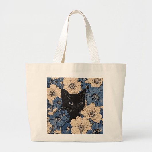 青とクリーム色の花々から顔を出す黒猫 ラージトートバッグ (正面)