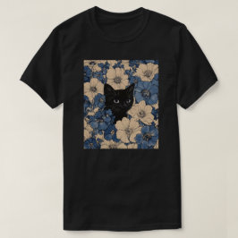 青とクリーム色の花々から顔を出す黒猫 Tシャツ
