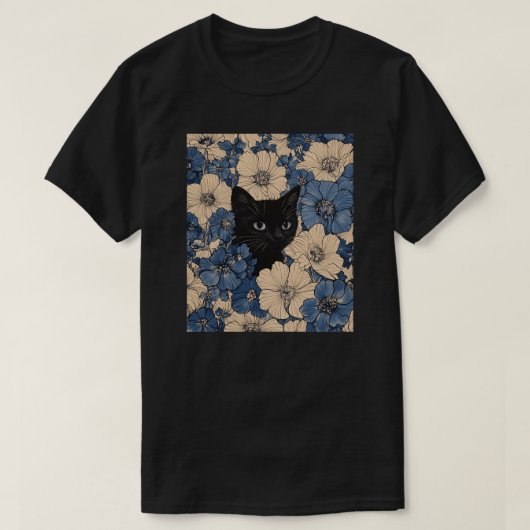 青とクリーム色の花々から顔を出す黒猫 Tシャツ (デザイン正面)