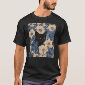 青とクリーム色の花々から顔を出す黒猫 Tシャツ (正面)