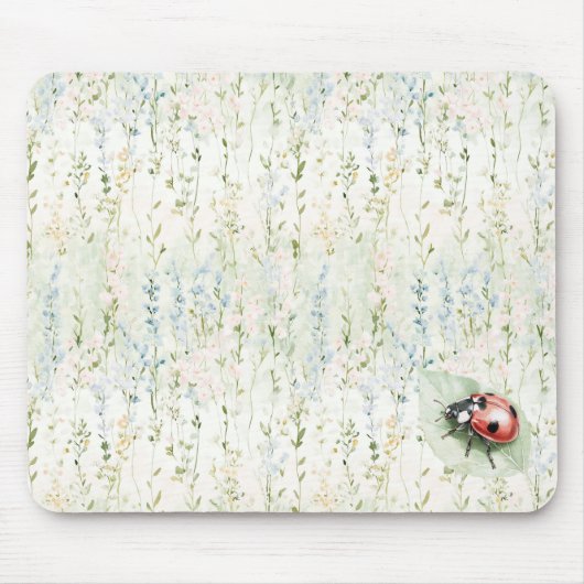 青とクリーム色の花のてんとう虫 マウスパッド (正面)