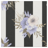 青とクリーム色の花柄と黒白ストライプ ファブリック (クローズアップ)