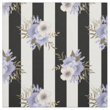 青とクリーム色の花柄と黒白ストライプ
