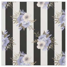 青とクリーム色の花柄と黒白ストライプ ファブリック