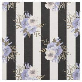 青とクリーム色の花柄と黒白ストライプ ファブリック