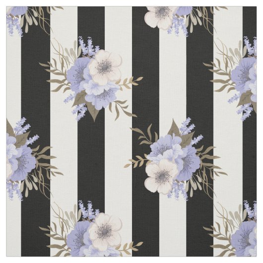 青とクリーム色の花柄と黒白ストライプ ファブリック (見本)
