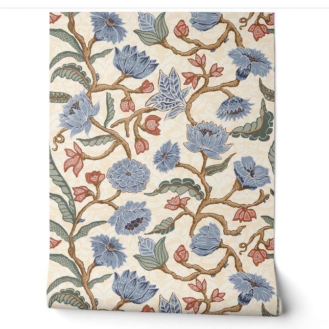 青とクリーム色の花柄 シノワズリーチンツ(L) 壁紙 (ほどく)