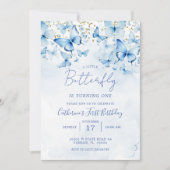 青とグリッター蝶バースデーパーティー 招待状 (正面)