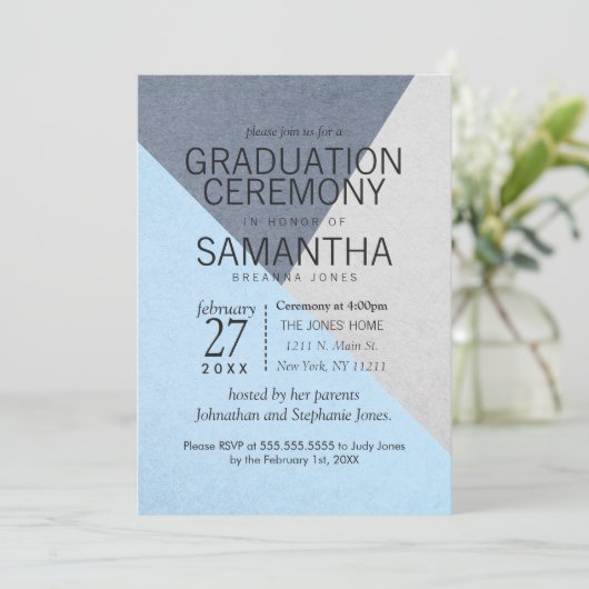 青とグレーのジオ三角形の卒業式 招待状 (スタンド正面)