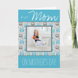 青とグレーのフクロウの写真付き母の日カード カード