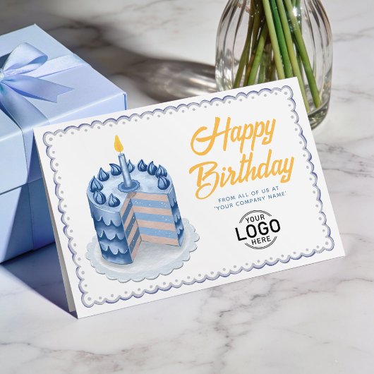 青とグレーの大きなビンテージケーキのロゴ入り ビジネス 誕生日 カード