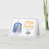 青とグレーの大きなビンテージケーキのロゴ入り ビジネス 誕生日 カード (正面)