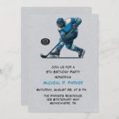 青とグレーホッケープレイヤー誕生日パーティー 招待状 (正面/裏面)