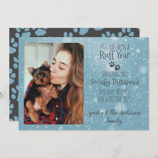 青とグレー、犬の足の跡、ラフ·イヤー·ホリデー シーズンカード (正面/裏面)