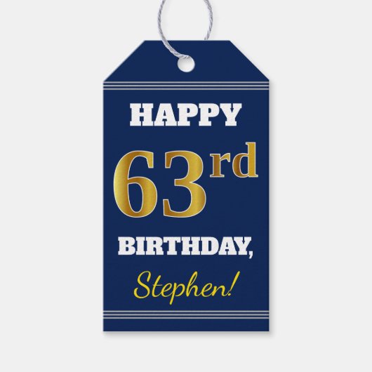 青とゴールド調の63歳の誕生日 + 名前カスタム ギフトタグ (正面)
