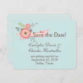 青とサンゴのフローラ結婚式の日付カードを保存 招待状 (正面/裏面)