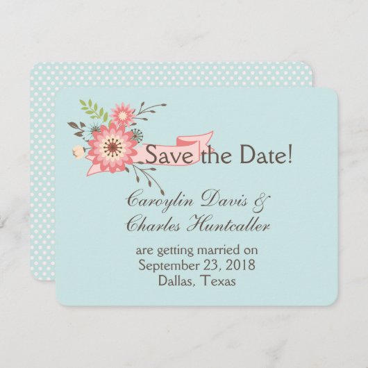 青とサンゴのフローラ結婚式の日付カードを保存 招待状 (正面/裏面)