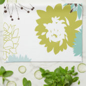 青とシャルトレウズのモダン花の柄 キッチンタオル (折り畳み)