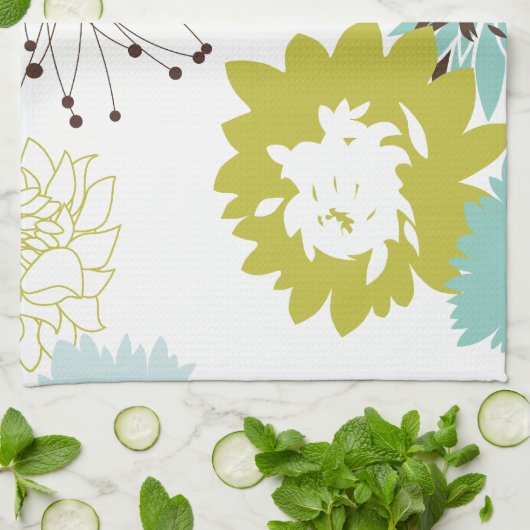 青とシャルトレウズのモダン花の柄 キッチンタオル (折り畳み)